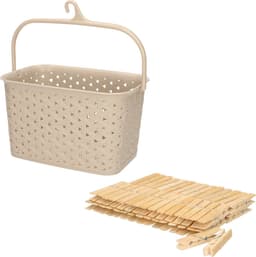 Wasknijpersmandje met ophanghaak - beige - en 60x houten wasknijpers 7 cm - was ophangen — thumbnail 1