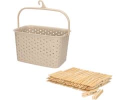 Wasknijpersmandje met ophanghaak - beige - en 60x houten wasknijpers 7 cm - was ophangen