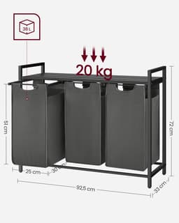 wasmand 3 vakken - wassorteerder met plank - 3 x 38 L - waszak van Oxford-stof - uitschuifbaar - afneembaar - metalen frame - zwartgrijs - 92,5 x 33 x 72 cm — thumbnail 5