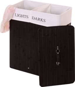 Wasmand MCW-C21, Wasbox Wasbox, bamboe 2 compartimenten 63x55x34cm 100l ~ zwart — thumbnail 4