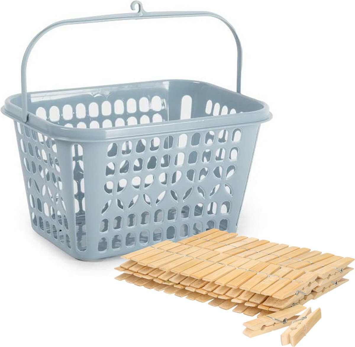 Wasknijpers ophangmandje met haak - ijsblauw - gevuld met 120x houten wasknijpers 7 cm - was ophangen — afbeelding 1