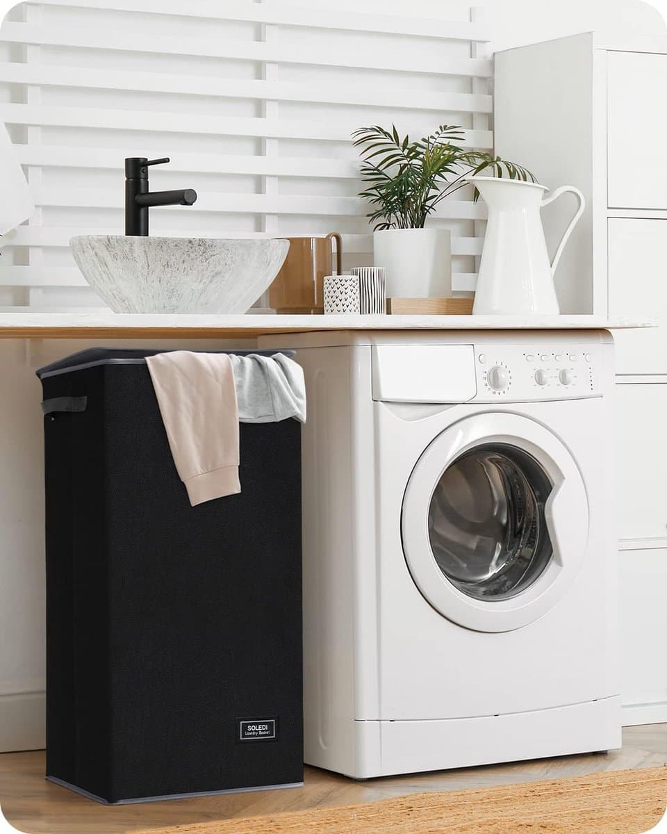 Wasmand Zwart met deksel en afneembare tas - 100L grote en hoge wasmand inklapbaar met handvat voor kleding en speelgoed opslag - vuile kledingmand voor slaapkamer, badkamer, slaapzaal — afbeelding 1