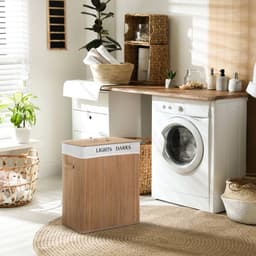 Wasmand van bamboe met deksel, wasemmer met een grote inhoud van 100 liter, voorzien van PU-handvatten en een canvas waszak, geschikt als wassorteermand voor de wasruimte, slaapkamer of badkamer, gemaakt van natuurlijke materialen — thumbnail 3