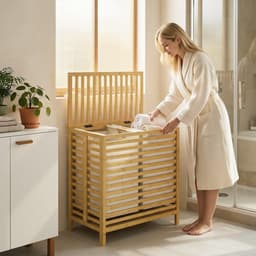 HOMCOM Wasmand-Bamboe, Polyester-55L x 36B x 64,2H cm-Natuurlijk hout + Crèmewit — thumbnail 2