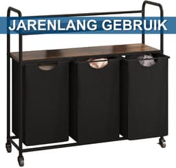 Wasmand – Voor Badkamer & Wasruimte – 3 Compartimenten (3×46L) met 2 Planken, Uitschuifbare Waszak – Zwart — thumbnail 2