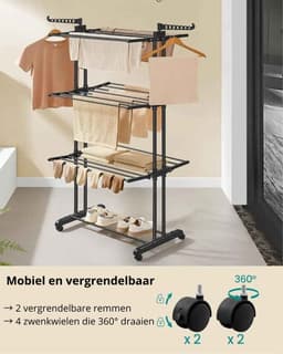 Casa Living Kledingdroger - 4-Laags Kledingrek Met Wielen - Opvouwbaar Design - Grote Capaciteit tot 35KG - 64x75x170CM - Zwart — thumbnail 4