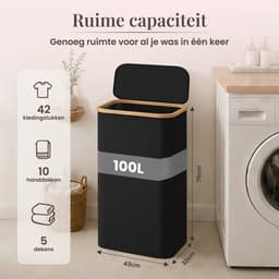 Nolad - Wasmand - Wasmand met deksel - Uitneembare waszak - Opvouwbaar - 100L - Zwart — thumbnail 5