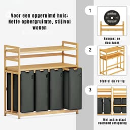 TIM® Wasmand 4 Vakken - Wassorteerder - Wasmand - Bamboe Frame - Donkergrijs - 103cm x 42cm x 101cm — thumbnail 3