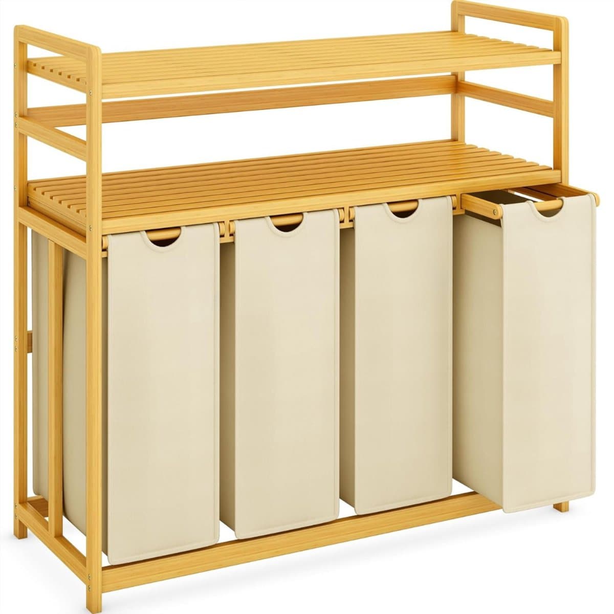 TIM® Wasmand 4 Vakken - Wassorteerder - Waszak - Bamboe Frame - Beige - 104cm x 42cm x 100cm — afbeelding 1