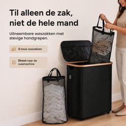 Wasmand 2 Vakken - Wassorteerder met Deksel - Wasbox op Wielen - 140L — thumbnail 5