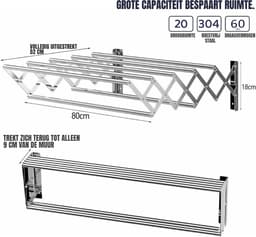YOR® Wanddroogrek Inklapbaar - Wanddroogrek - Zilver - ‎80cm x 18cm x 10cm; 1.72 kg — thumbnail 5