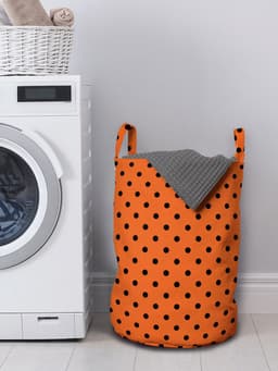 ABAKUHAUS oranje waszak, vintage tegels met polkadotten, wasmand met handvatten, trekkoord voor wasserettes, oranje zwart — thumbnail 3