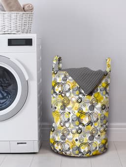 ABAKUHAUS Grijze en Gele waszak, Vluchtige Cirkels, Wasmand met handvatten Trekkoord voor wasserettes, Wit Beige — thumbnail 3