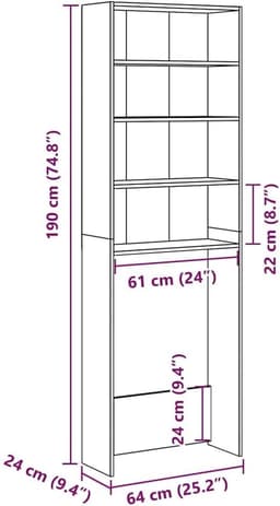 vidaXL Wasmachinekast 64x24x190 cm artisanaal eikenkleur, wasmachinekast, wasmachineplank, badkamerkast, waskast, badkamerkast, badkamerplank — thumbnail 4