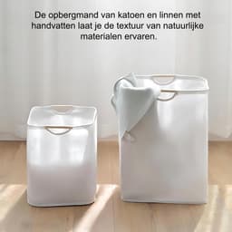 1 stuk - Wasmand - Katoen en linnen - Wasmand voor huishoudelijk gebruik - Handig - Opvouwbaar - Handzame opbergmand - Houten handvat - 30*30*40 cm - Gebroken wit — thumbnail 2