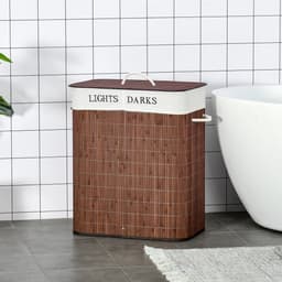 Bamboe Wasmand - Badkamer Wasbox - Grote Wasverzamelaar - Wasmand 100L - 3 Handvatten - Uitneembare Zak - Wasbaar - Stevig - Badkamer - 52x32x63cm - 1 Stuk - Bruin Wit — thumbnail 2