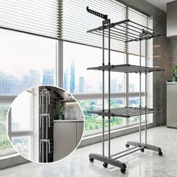 4-laagse Droogkledingrek, 6 opvouwbare vleugels en 2 draaibare armen, stevig frame, geschikt voor binnen/buiten gebruik, draagbare kledinghanger, voor appartementen, slaapkamers, balkons, grijs. — thumbnail 4