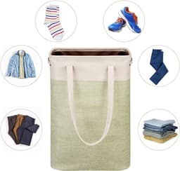 Wasmand met handgrepen - Wasknijperzak Opbergzak - Kleding sorteren - Opvouwbaar en slank ontwerp - 38x20x61 cm - Beige en groen — thumbnail 5