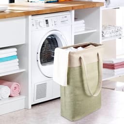 Wasmand met handgrepen - Wasknijperzak Opbergzak - Kleding sorteren - Opvouwbaar en slank ontwerp - 38x20x61 cm - Beige en groen — thumbnail 2