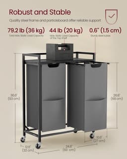 VASAGLE - Wasmand - Wassorteerder - 2 Vakken - Verrijdbare - Plank - Uitneembare Tassen - 110 L — thumbnail 2