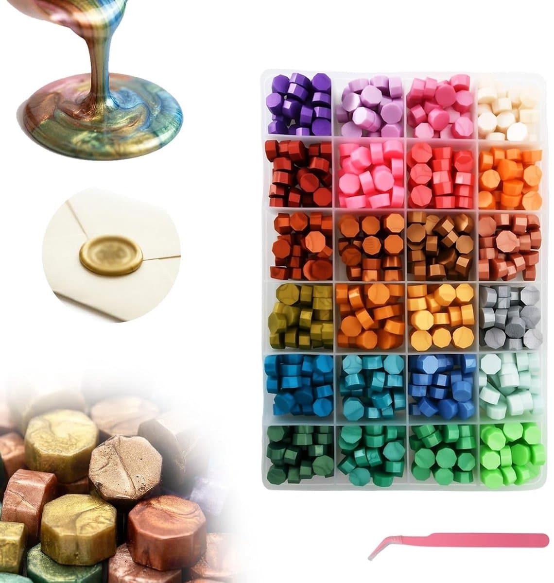 Set van 600 Wasbolletjes met Transparante Deksel en Pincet, 24 Kleuren voor Verzegelen van Uitnodigingen, Enveloppen en Cadeauverpakking, Perfect voor DIY Projecten — afbeelding 1