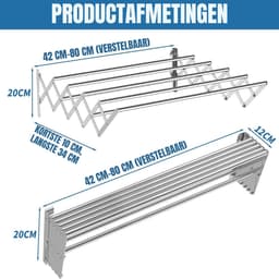 RUX® Wanddroogrek Inklapbaar - Wanddroogrek - Zilver ‎- 10cm x 42cm x 15cm — thumbnail 2