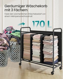 Bregico Wasmand - Wasmand 3 Vakken - Wassorteerder - Wasmanden - Waskar - Wasverzamelaar - Op Wieltjes - Zwart — thumbnail 3