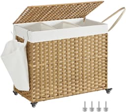 Lifero Wasmand - Verrijdbare Wasmand - Wasmand met Deksel - 160 Liter - Rotan Wasmand - 3 Vakken voor Verschillende kleuren — thumbnail 1