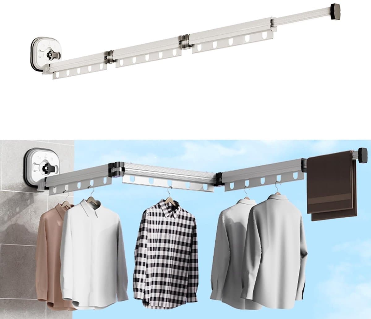 Dailygoods- Droogrek intrekbaar - Kledingrek met zuignap - Opvouwbare kledingstang - Handdoekhouder - Voor balkon/badkamer - Melkwit 3-weg — afbeelding 1