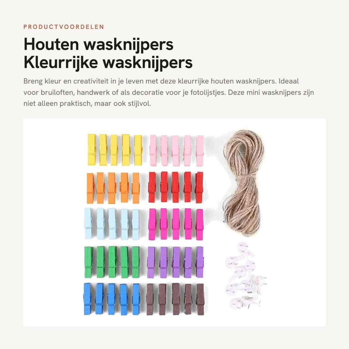 Dailygoods- Wasknijpers 50 Stuks - Houten Wasknijpers - Kleine Wasknijpers - Mini Wasknijpers - Fotoclips - Jute Koord 10m - Fotoknijpers — afbeelding 1