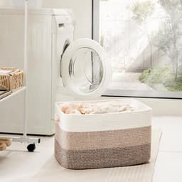 Dekentjesmand, rechthoekige geweven manden voor opslag, 65 liter - wasmand voor decoratieve kinderkamer, speelgoed, vuile kleding en tijdschriften in kasten, babykamer en woonkamer - Kaki — thumbnail 3
