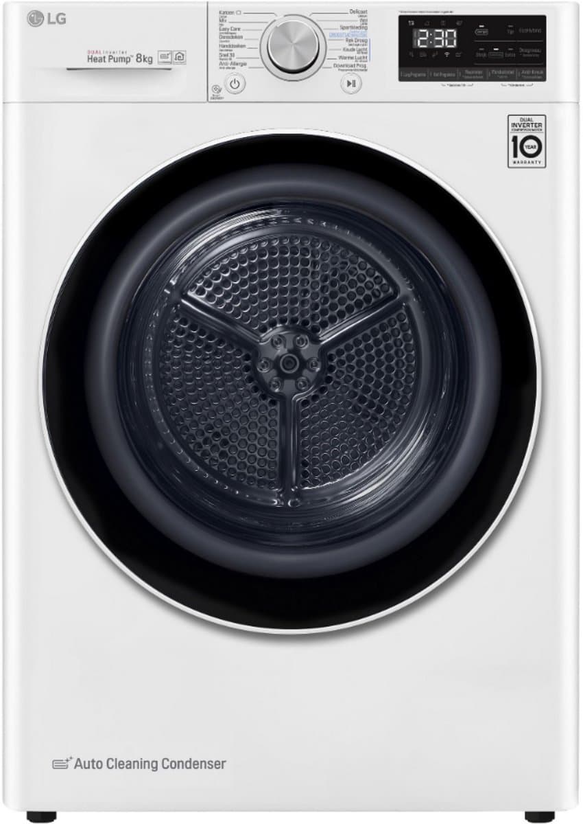 LG RH80V9AV4N warmtepompdroger 8 kg met Dual Inverter Heat Pump voor sneller en energiezuinig drogen - Auto Cleaning Condenser voor duurzaam rendement en ThinQ slimme bediening. Energieklasse A+++ — afbeelding 1