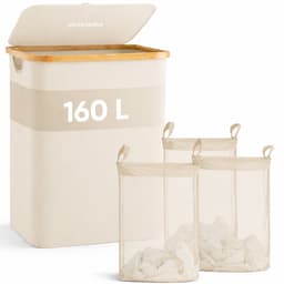 SOVARA Wasmand 3 vakken - 160L - Beige - Bamboe wassorteerder - 3 uitneembare waszakken — thumbnail 1