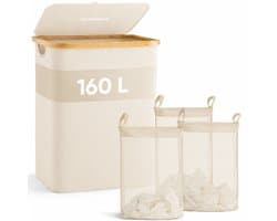 SOVARA Wasmand 3 vakken - 160L - Beige - Bamboe wassorteerder - 3 uitneembare waszakken — afbeelding 1