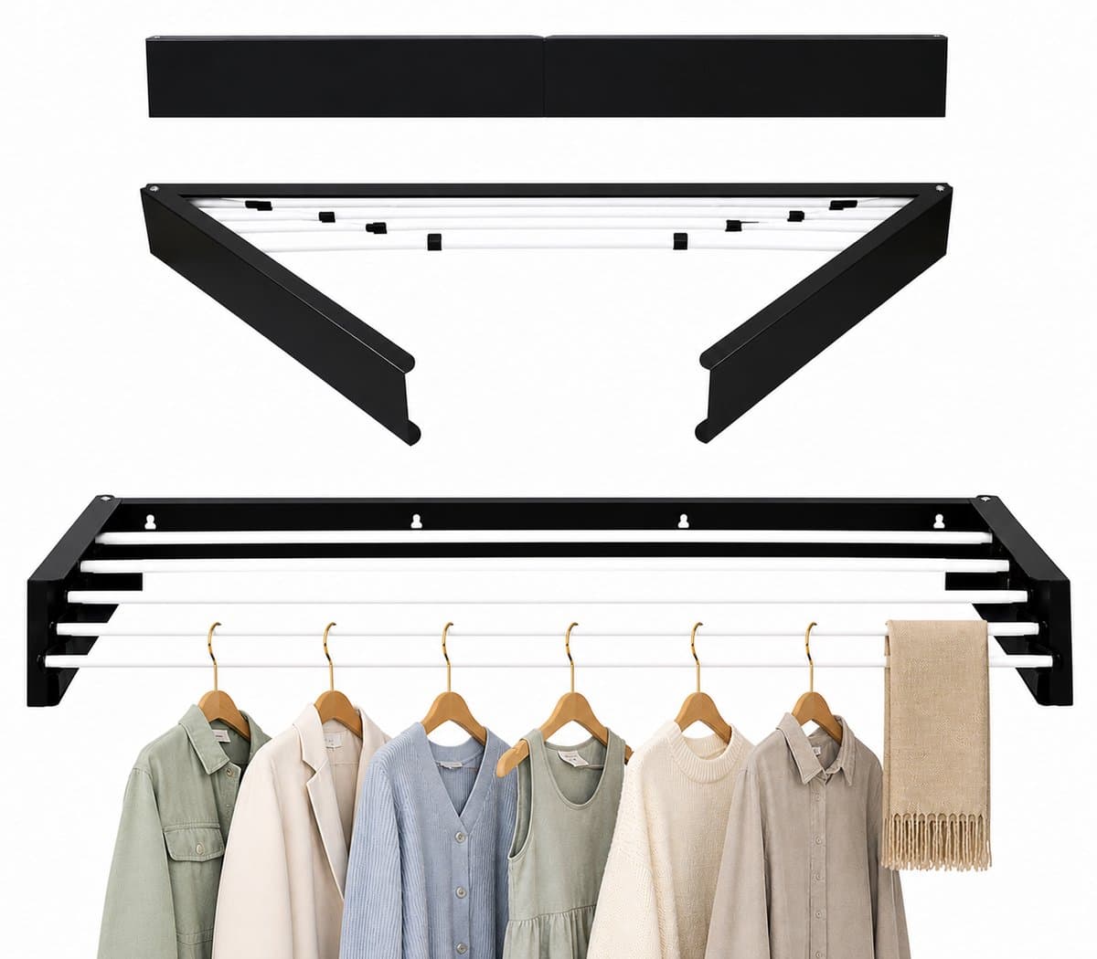 Movela® Wanddroogrek - Wanddroogrek - Droogrek Inklapbaar - Wasrek Hangend - Wasrek muur - Kledingstang - Wasrek Ophangbaar - Inklapbaar - Zwart — afbeelding 1