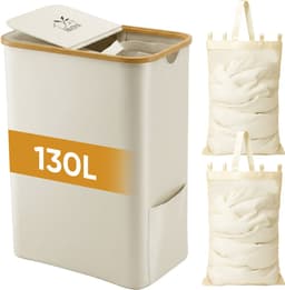 Rivoya Wasmand 2 Vakken - Wassorteerder - 130L - Met 2 Uitneembare Zakken - Wasmand met deksel - Laundry basket - Waszak - Beige - Knopen — thumbnail 1
