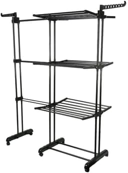 ELYSIVM Wasrek - Droogrek - Droogrek Uitschuifbaar - Wasrek op Wielen - Droogrek Groot - 3 niveaus - Uitschuifbaar 75–142,5 cm - 6 Wielen en 4 Remmen - 170 cm hoog - Staal / Kunststof - Zwart — thumbnail 4