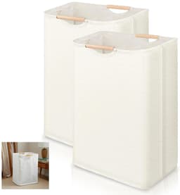 Byshayne- Wasmand 2 Stuks - Smalle Wasmand - Wasmand met Houten Handgrepen - Polyester-Katoen - 40 × 30 × 59 cm - Wasverzamelaar - Wasmanden — thumbnail 1