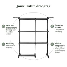 Jubbly® – Uitschuifbare Droogtoren – Inklapbaar Wasrek – Uitgerust met Wieltjes – 4 Verdiepingen – 40 meter Drooglengte – 45 kilo Draaggewicht – Wastoren Staand – Droogrek op Wielen - Zwart — thumbnail 2