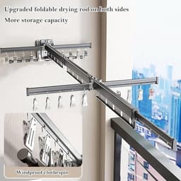 Uittrekbaar Wand Wasrek met haken, 360° draaibaar, voor balkon, wasruimte, badkamer, antracietgrijs — thumbnail 4