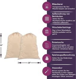 Waszak set van 2 - 71 x 91 cm, 100% katoen, duurzame wasverzamelzak met trekkoord – 75 l extra grote opvouwbare waszak — thumbnail 2