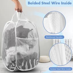 Ulisem - Wasmand - 70 liter opvouwbaar - 37x37x57 cm - Met zijvak - Wit - Polyester mesh materiaal - Ademend en duurzaam - Verstevigde handvatten - Draagbaar en ruimtebesparend - Geschikt voor thuis, reizen en slaapzaal — thumbnail 4