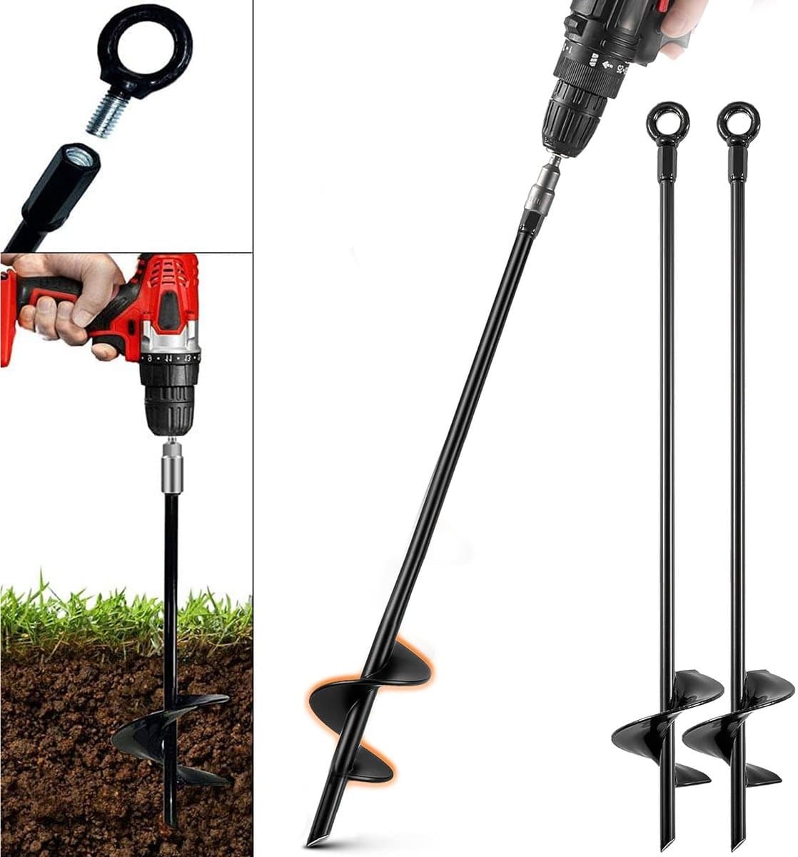 Set van 2 Grondankers - 46cm Zware Uitvoering - Grondpen met 7cm Spiraalblad - Stormbeveiliging voor Trampoline, Speeltoestel, Carport & Partytent - Massief Staal - Inclusief Afneembare Oogringen - Zwart — afbeelding 1
