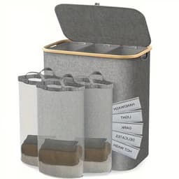 VIEMAE Wasmand - Wasmand 3 vakken - Wasmand met deksel & handgrepen - Wassorteerder - Wasmanden - Ruimtebesparend - 160L - Grijs — thumbnail 1