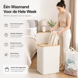 BOTC Wasmand 3 Vakken - Wassorteerder - 160L Capaciteit - Met 3 blanco etiketten - Bamboe Wasmand met Deksel - 75*57*37cm - Crème wit — thumbnail 3