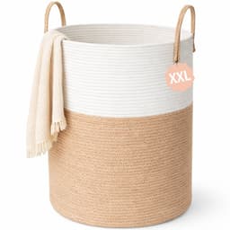 Woning Decor® Wasmand 100L XXL – Katoenen Wasmand – Opbergmand – Wassorteerder – Beige/Wit — thumbnail 1