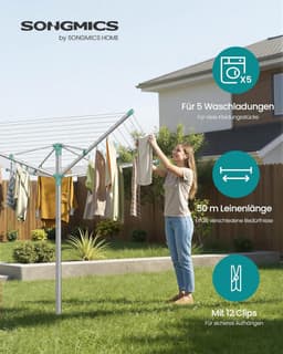 SONGMICS Kleding Luchtbeker In Hoogte Verstelbaar Aluminium Legering Buiten Kleding Luchtbekit met Grond Anker Beschermhoes Wasknijpers Zilver Groen 50m Waslijn 5 Ladingen LLR301E01V1 — thumbnail 4