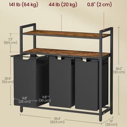 Wasmand met 3 vakken wasrek voor vuile was 92.5 x 33 x 92 cm bruin + zwart met 3 uitneembare en afneembare 40L binnenzakken en 2-laags opbergplanken stevig en duurzaam metalen frame eenvoudig te monteren en te reinigen geschikt voor badkamer — thumbnail 2