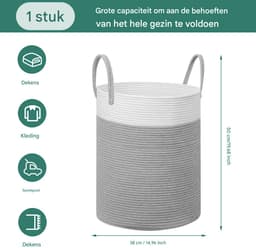 Lemlit Wasmand - Gevlochten Opbergmand met Handvatten 58 L - Speelgoedmand voor Kinderkamer Slaapkamer en Woonkamer - 38 x 50 cm - Wit Grijs — thumbnail 2