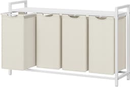 Wasmand Met Plank - Kledingopslag Sorteren - Was Sorteren - Vier Afneembare Zakken - 160 Liter Totaal - Crèmewit Mat — thumbnail 1